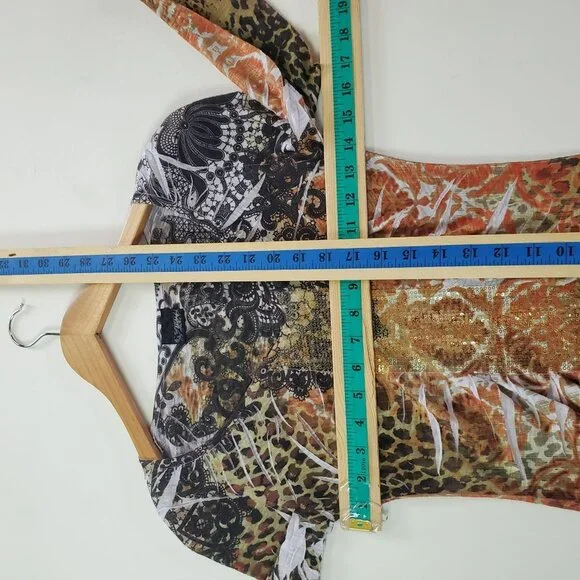 Daytrip Womens Boho Leopard Print Knit Top Sz S Brown Sequin V-Neck Slimming - Picture 7 of 8